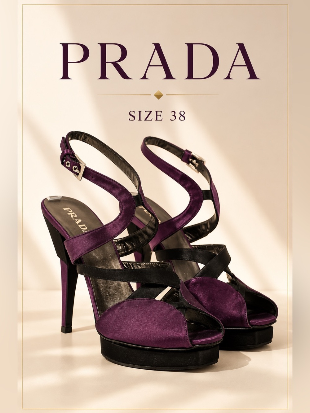 Prada Milano Satin & Leather Platform Sandals Purple Black Size 38 Made in Italy - Picture 1 of 9